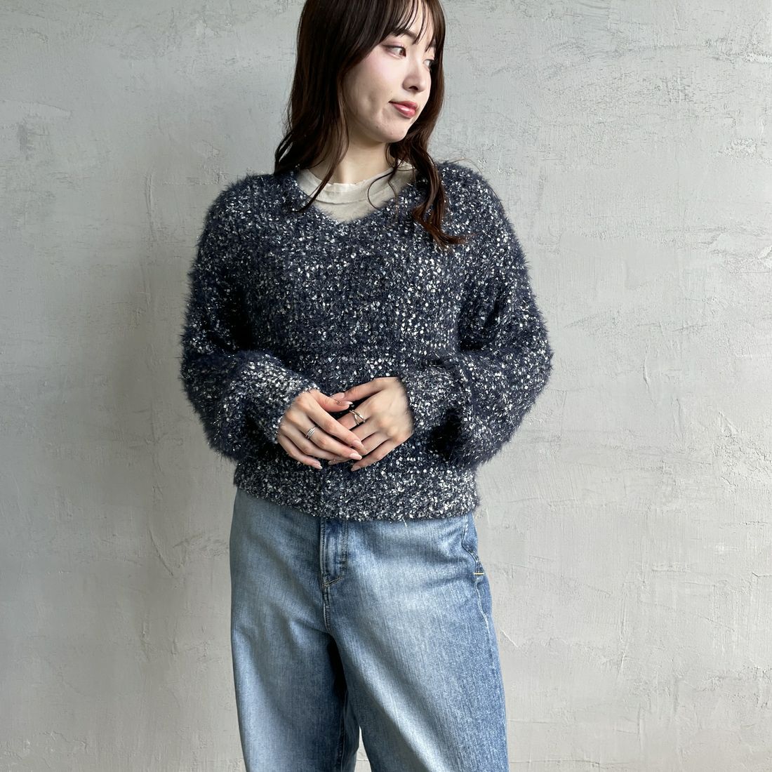 By/m [バイエム] 2WAYラメリボンヤーンニット [B24131008] 16 NAVY &&モデル身長：167cm 着用サイズ：F&&