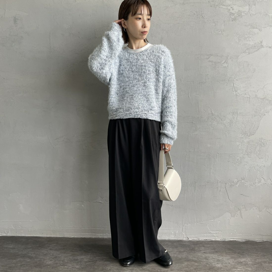 By/m [バイエム] 2WAYラメリボンヤーンニット [B24131008] 10 SAX &&モデル身長：158cm 着用サイズ：F&&