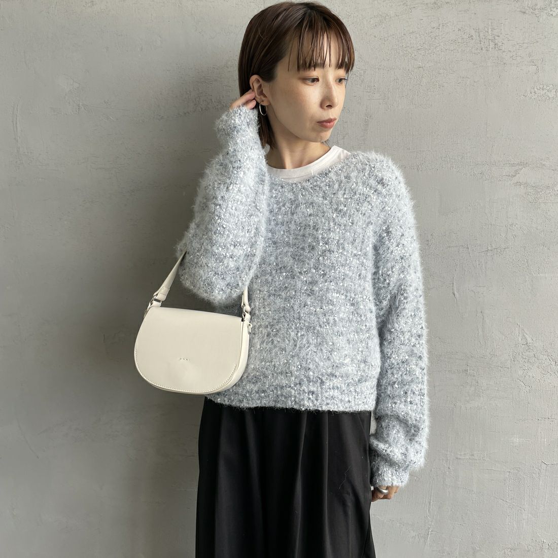 By/m [バイエム] 2WAYラメリボンヤーンニット [B24131008] 10 SAX &&モデル身長：158cm 着用サイズ：F&&