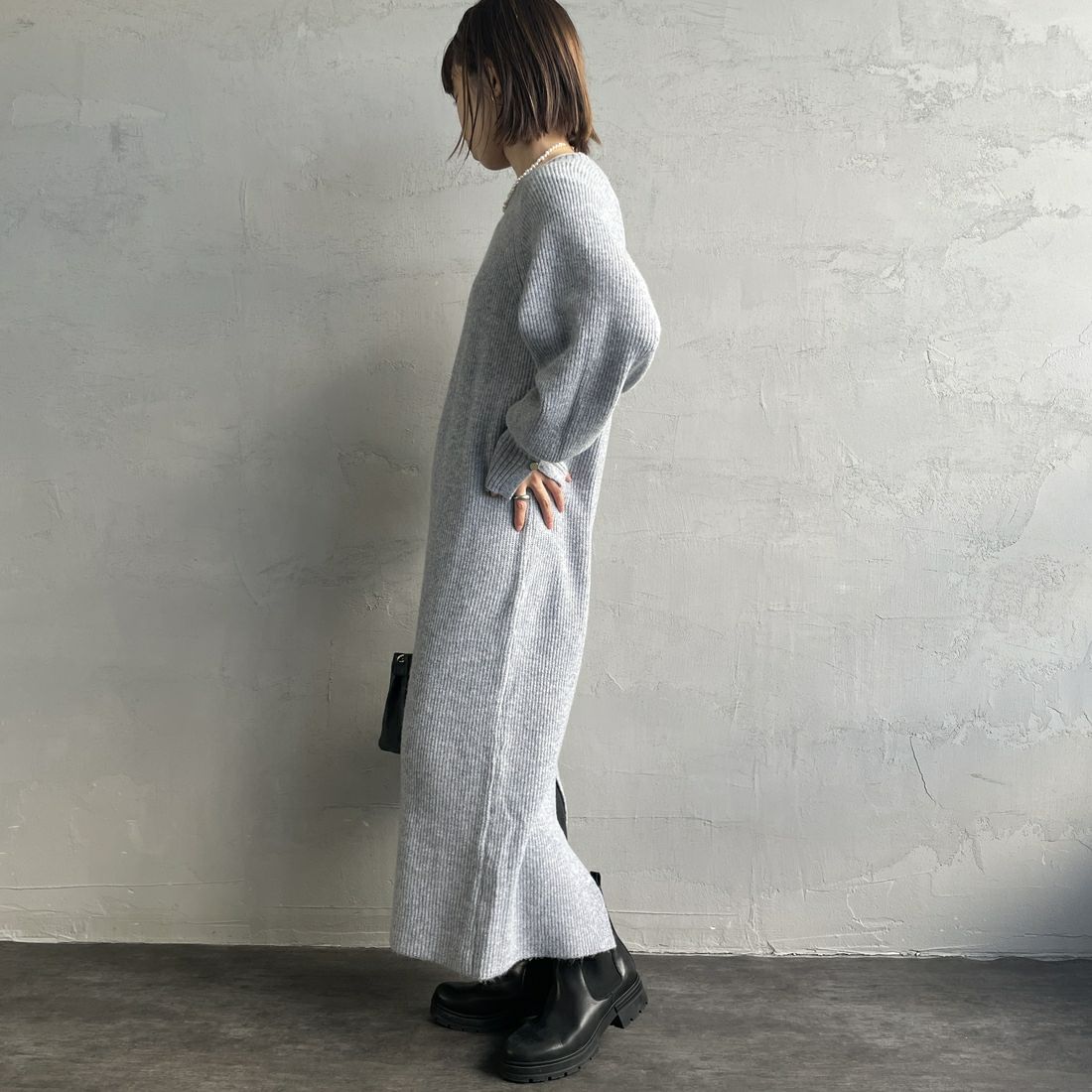 By/m [バイエム] 袖ボタン メランジニットワンピース [B23441005] 12 BLUE &&モデル身長：158cm 着用サイズ：F&&