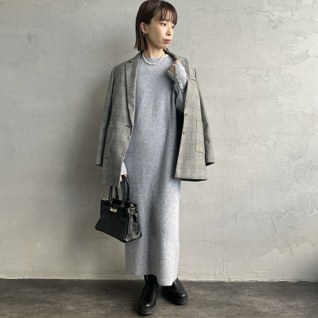 By/m [バイエム] 袖ボタン メランジニットワンピース [B23441005] 12 BLUE &&モデル身長：158cm 着用サイズ：F&&