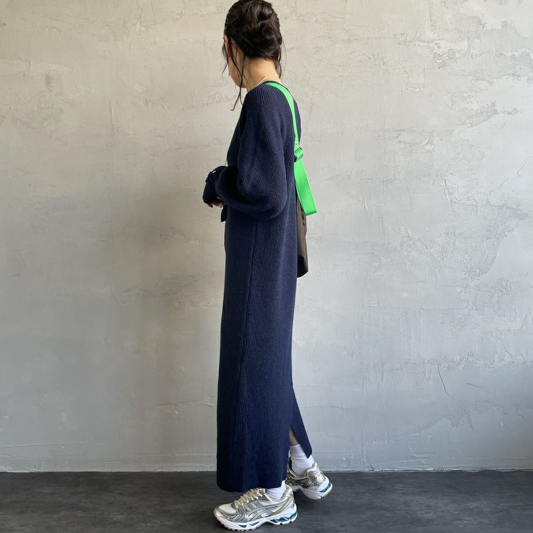 By/m [バイエム] 袖ボタン メランジニットワンピース [B23441005] 16 NAVY &&モデル身長：160cm 着用サイズ：F&&