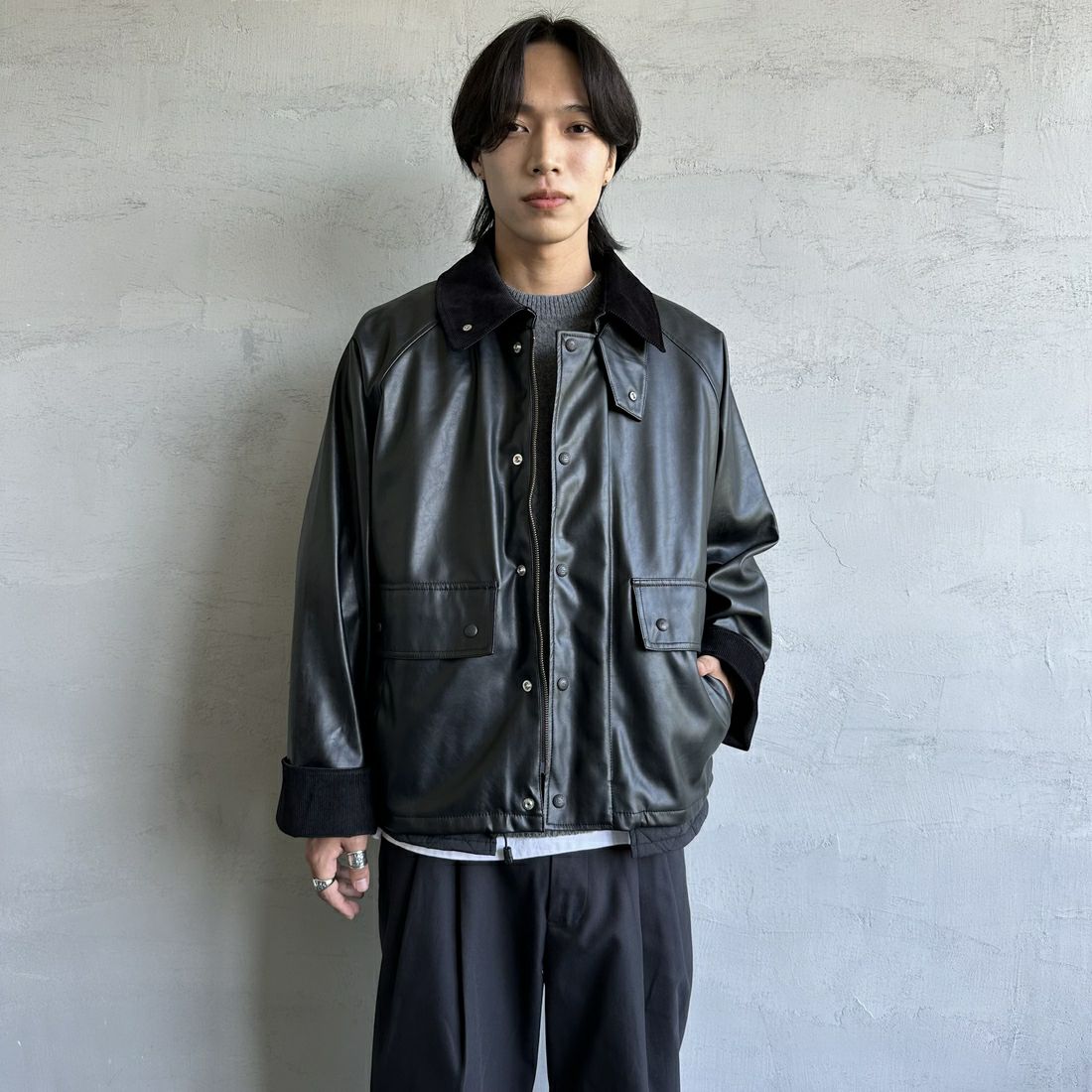 UNIVERSAL OVERALL [ユニバーサルオーバーオール] 別注 レイヤード3IN1ジャケット [U2431422IN-JF] BLK ECO LE &&モデル身長：179cm 着用サイズ：XL&&