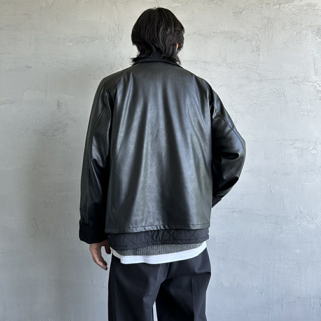 UNIVERSAL OVERALL [ユニバーサルオーバーオール] 別注 レイヤード3IN1ジャケット [U2431422IN-JF] BLK ECO LE &&モデル身長：179cm 着用サイズ：L&&