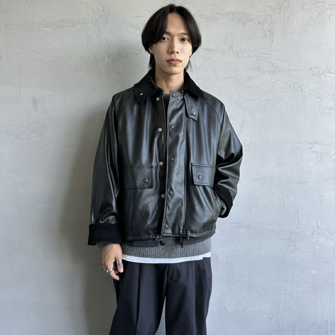 UNIVERSAL OVERALL [ユニバーサルオーバーオール] 別注 レイヤード3IN1ジャケット [U2431422IN-JF] BLK ECO LE &&モデル身長：179cm 着用サイズ：M&&