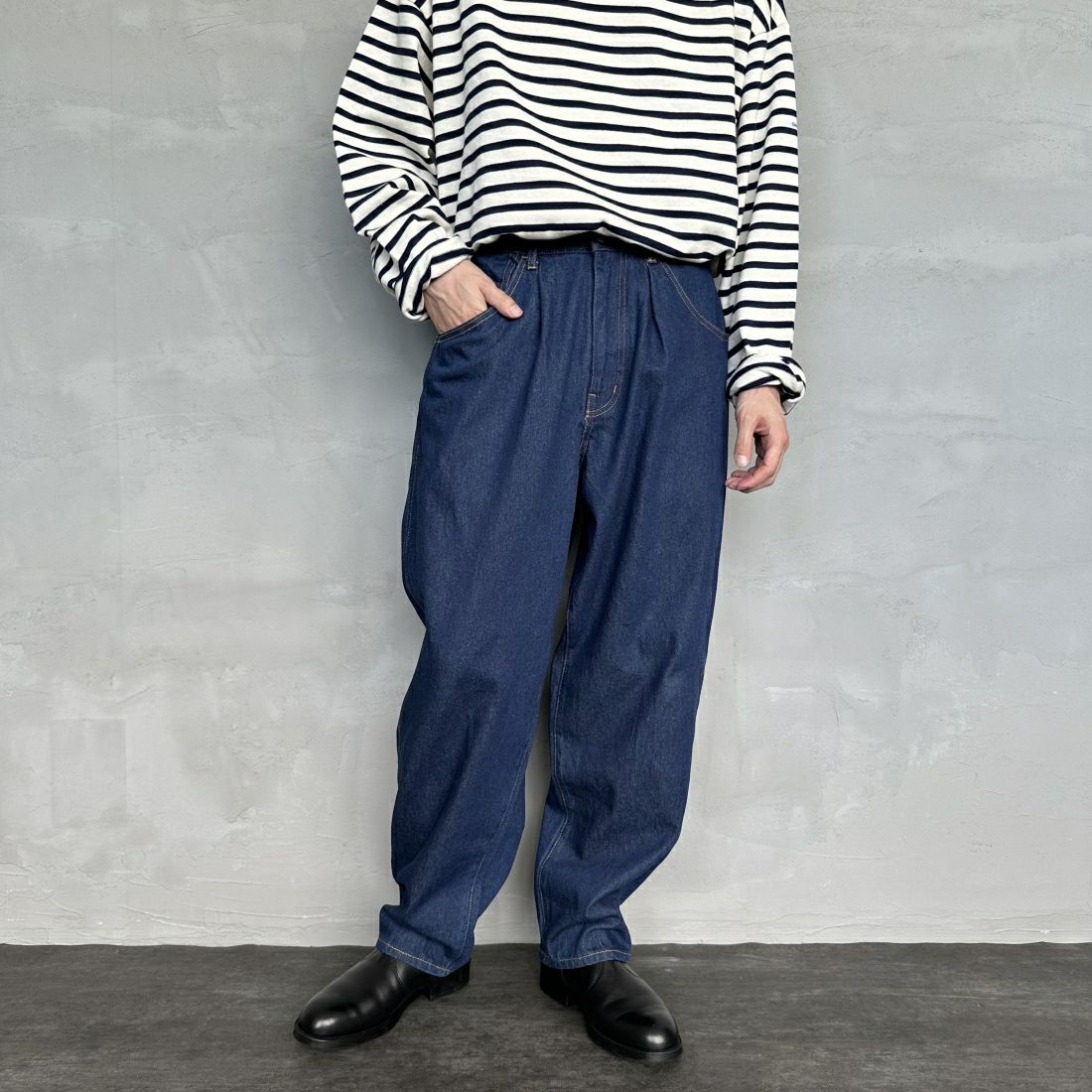 Noir Fabrik [ヌワールファブリック] バギーイージーデニムパンツ [NF-243-063] ONE WASH&&モデル身長：168cm 着用サイズ：S&&