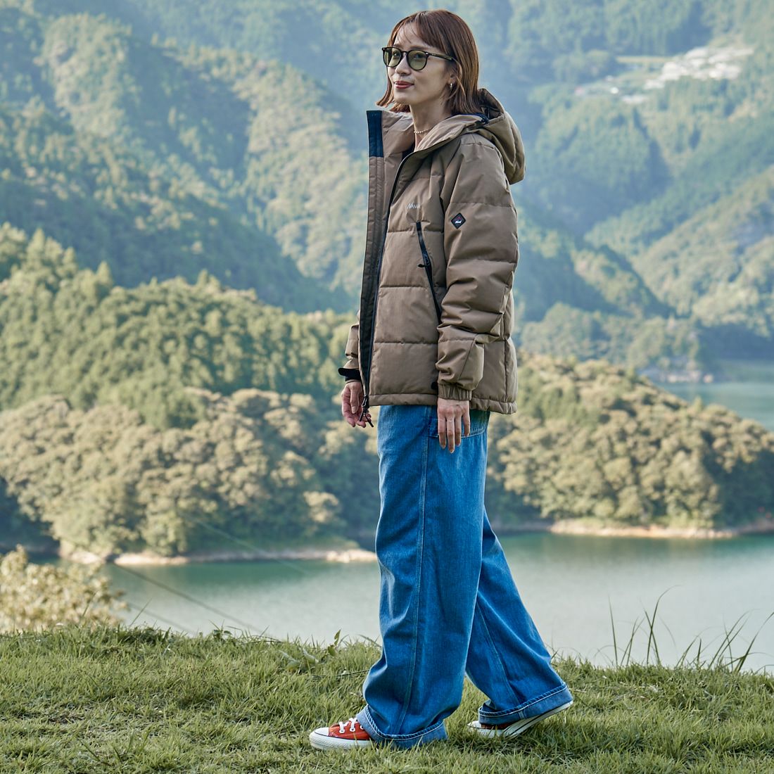 JEANSFACTORY × NANGA [ジーンズファクトリー × ナンガ] 別注 HINOC ダウンジャケット [JMP-244-023] BEIGE &&モデル身長：167cm 着用サイズ：M&&