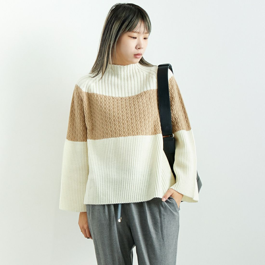 Jeans Factory Clothes [ジーンズファクトリークローズ] ホールガーメント3段柄ニット [113-2025] ｵﾌ &&モデル身長：167cm 着用サイズ：F&&