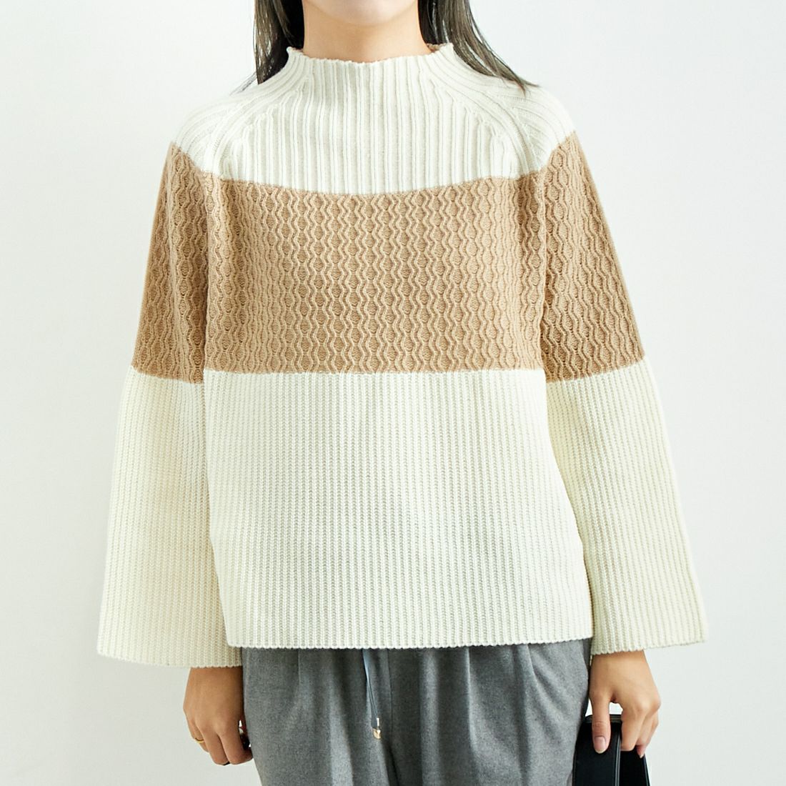 Jeans Factory Clothes [ジーンズファクトリークローズ] ホールガーメント3段柄ニット [113-2025] ｵﾌ &&モデル身長：167cm 着用サイズ：F&&