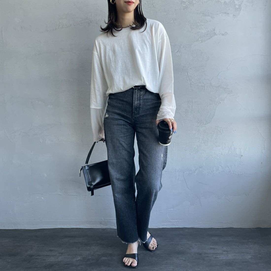nenom [ネノム] 袖シアー切り替え ロングスリーブカットソー [NE23142058] 02 OFF&&モデル身長：163cm 着用サイズ：F&&