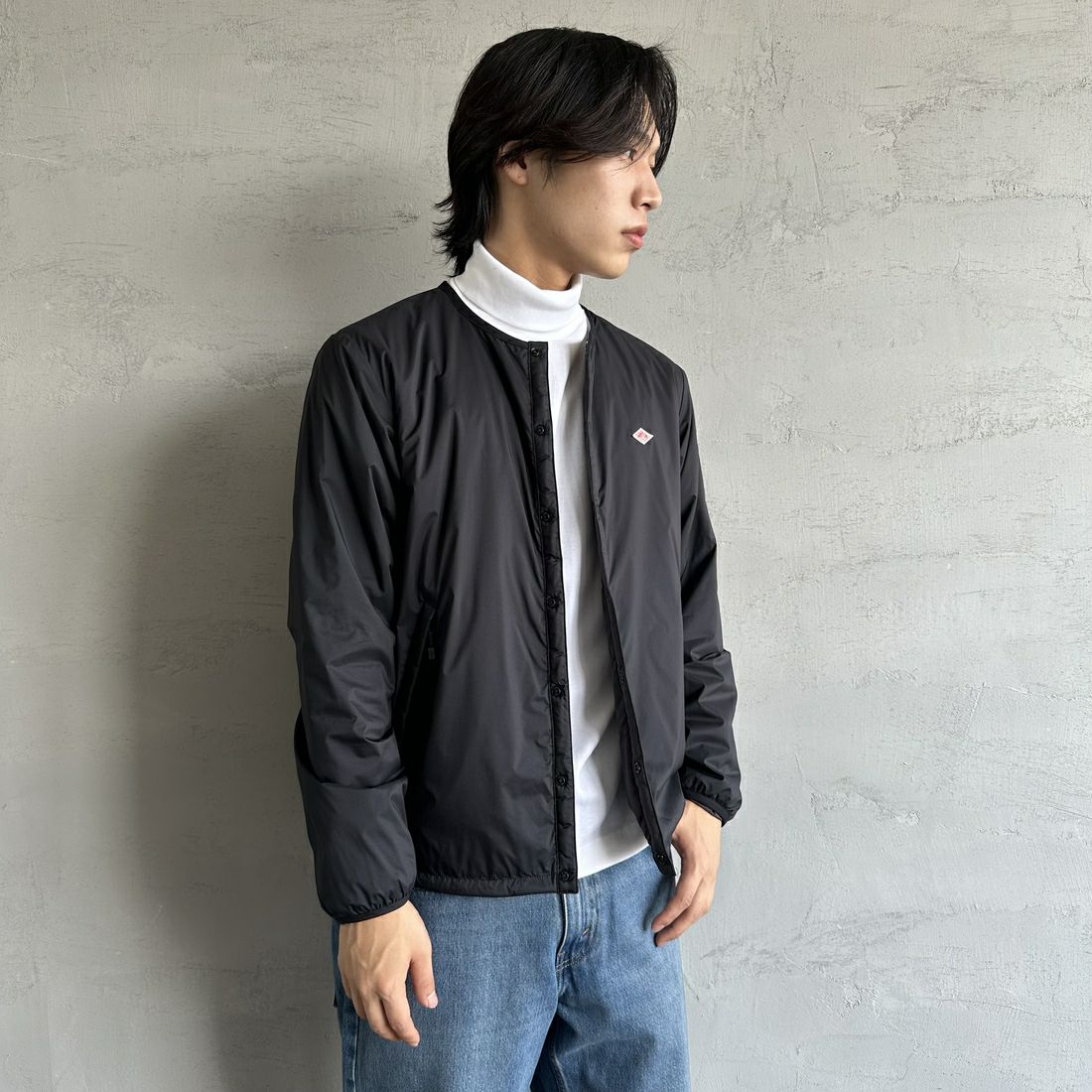 DANTON [ダントン] インサレーションノーカラージャケット [DT-A0633SNT] BLACK &&モデル身長：179cm 着用サイズ：M&&