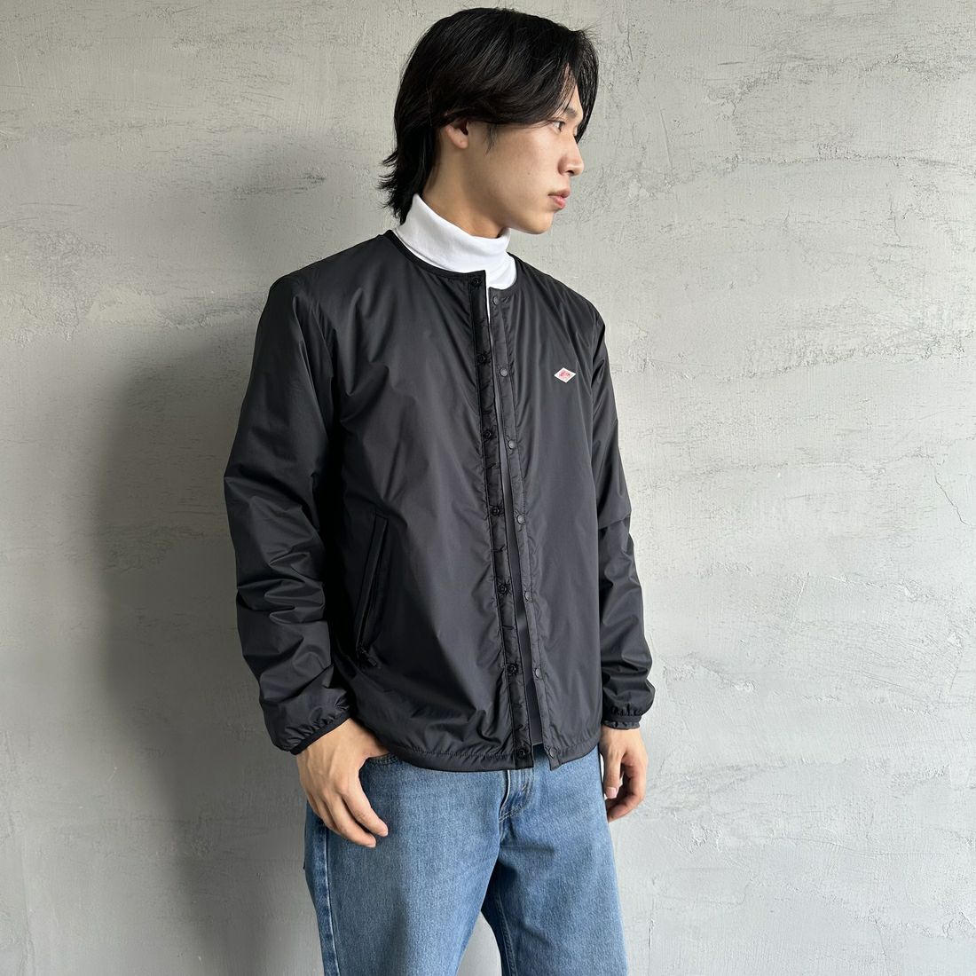 DANTON [ダントン] インサレーションノーカラージャケット [DT-A0633SNT] BLACK &&モデル身長：179cm 着用サイズ：L&&