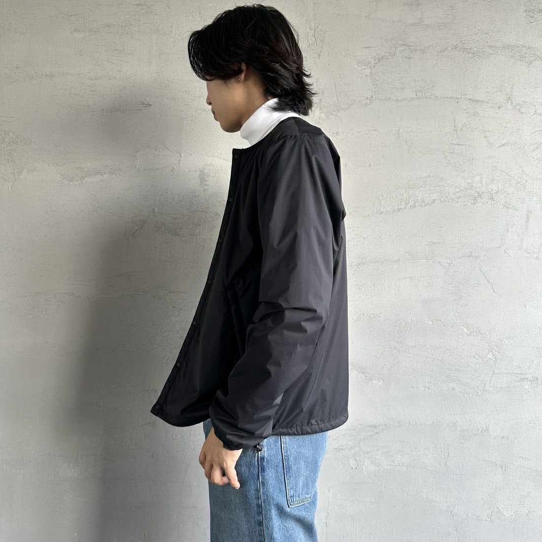 DANTON [ダントン] インサレーションノーカラージャケット [DT-A0633SNT] BLACK &&モデル身長：179cm 着用サイズ：L&&