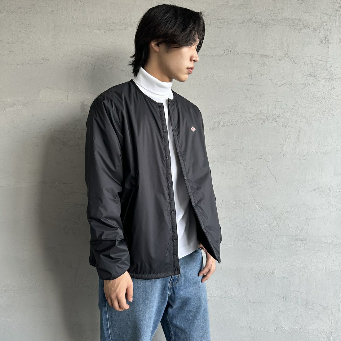 DANTON [ダントン] インサレーションノーカラージャケット [DT-A0633SNT] BLACK &&モデル身長：179cm 着用サイズ：XL&&