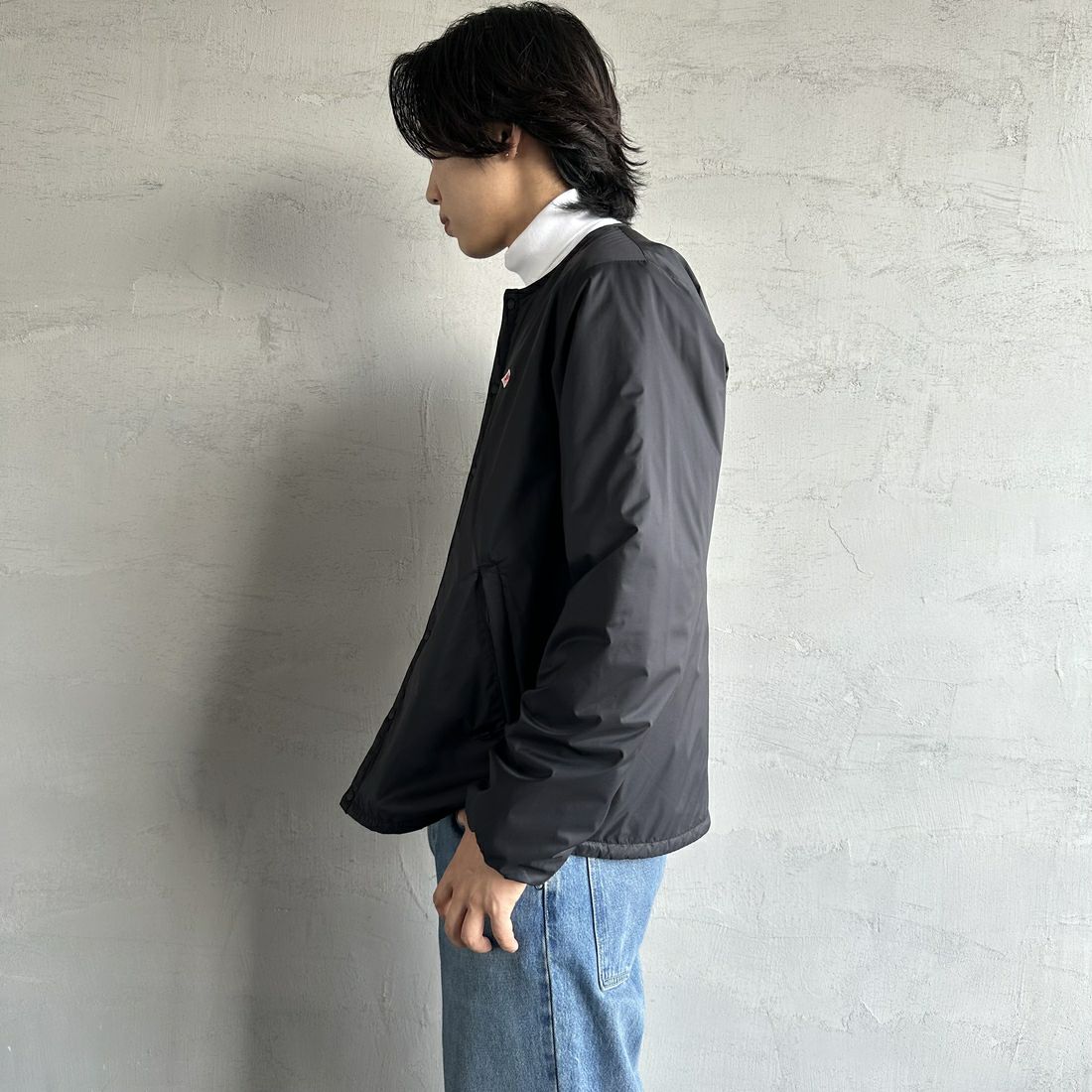 DANTON [ダントン] インサレーションノーカラージャケット [DT-A0633SNT] BLACK &&モデル身長：179cm 着用サイズ：XL&&