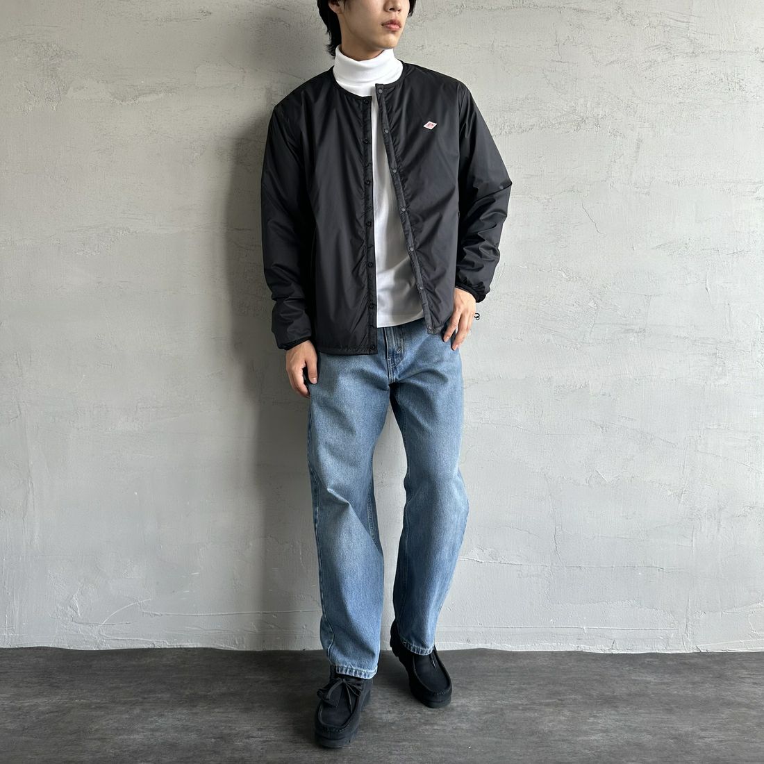 DANTON [ダントン] インサレーションノーカラージャケット [DT-A0633SNT] BLACK &&モデル身長：179cm 着用サイズ：XL&&