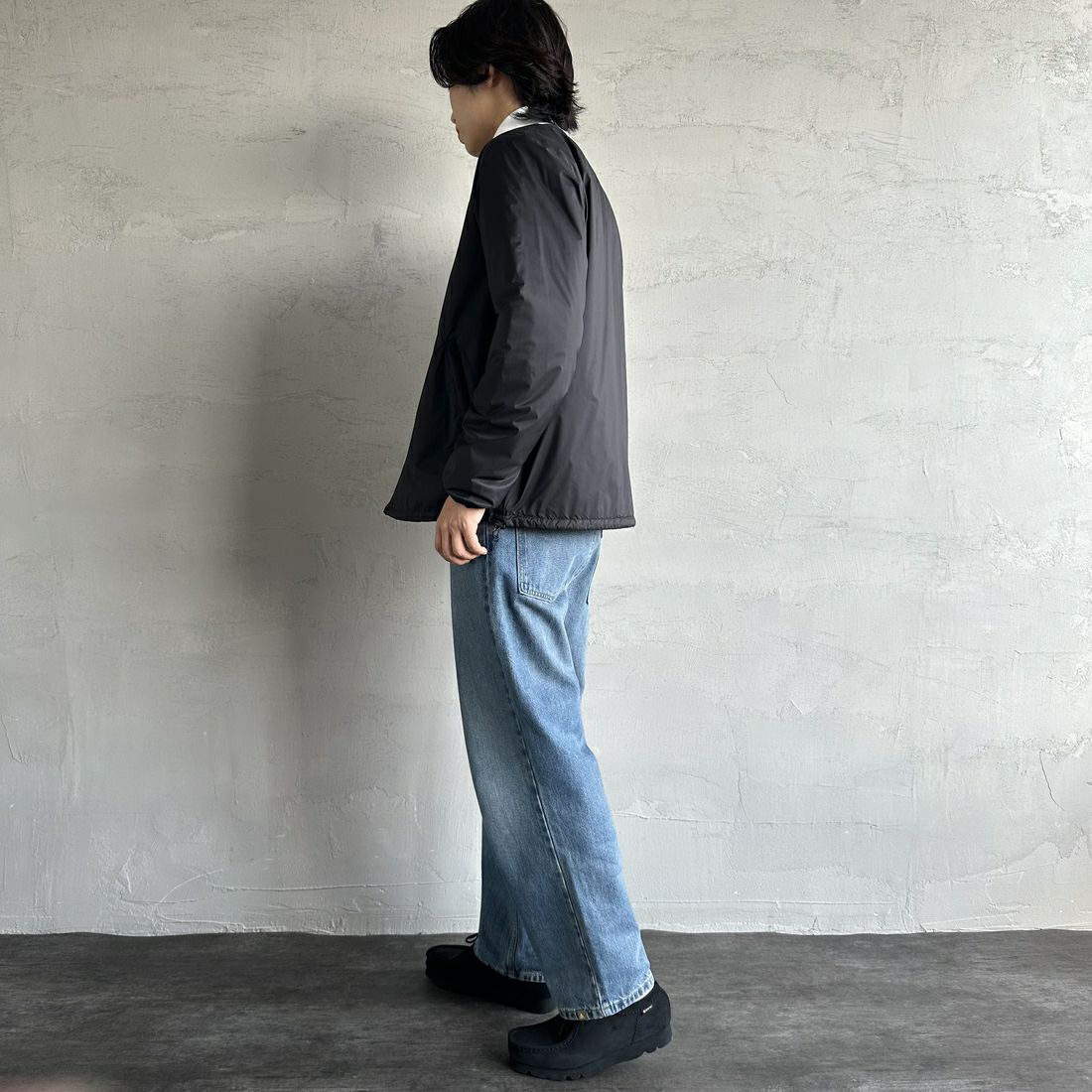 DANTON [ダントン] インサレーションノーカラージャケット [DT-A0633SNT] BLACK &&モデル身長：179cm 着用サイズ：XL&&