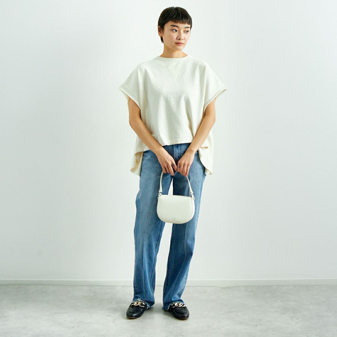 tumugu: [ツムグ] エコリバイバル裏毛ベスト [TC24409] 06 KINARI &&モデル身長：160cm 着用サイズ：F&&