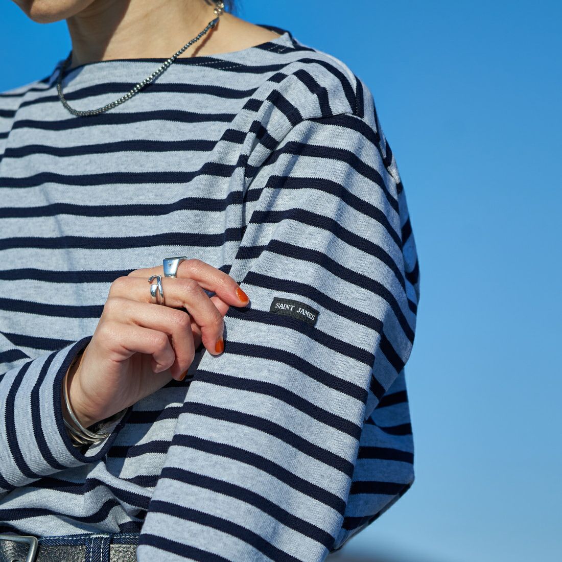 ST.JAMES [セントジェームス] 別注 バスクボーダーロングスリーブTシャツ [OUESSANT-JF] GRI/NAV