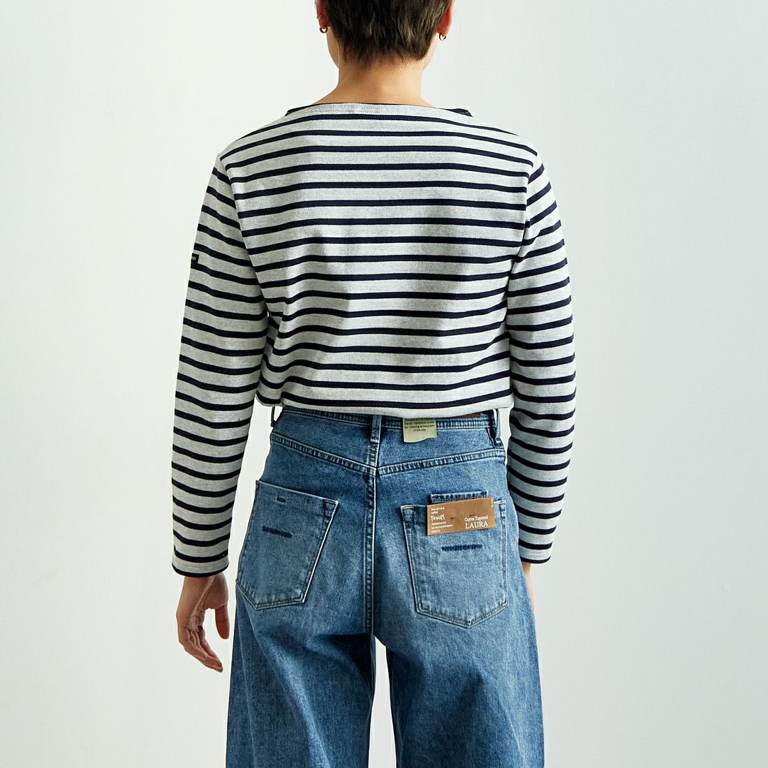 ST.JAMES [セントジェームス] 別注 バスクボーダーロングスリーブTシャツ [OUESSANT-JF] GRI/NAV &&モデル身長：160cm 着用サイズ：3&&