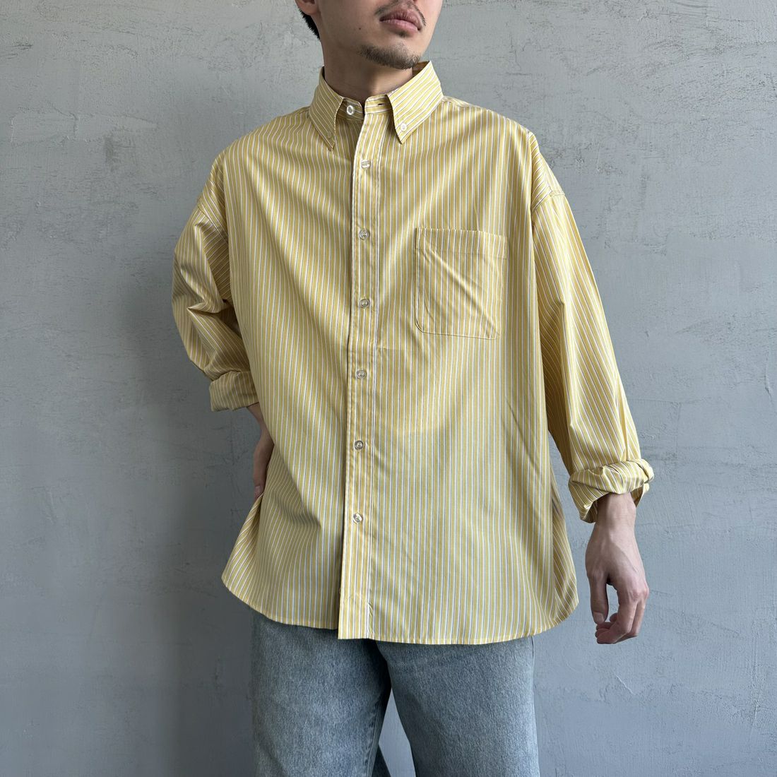 Jeans Factory Clothes [ジーンズファクトリークローズ] ビッグボタンダウンシャツ [JFC-251-017] C YEL ST &&モデル身長：168cm 着用サイズ：M&&
