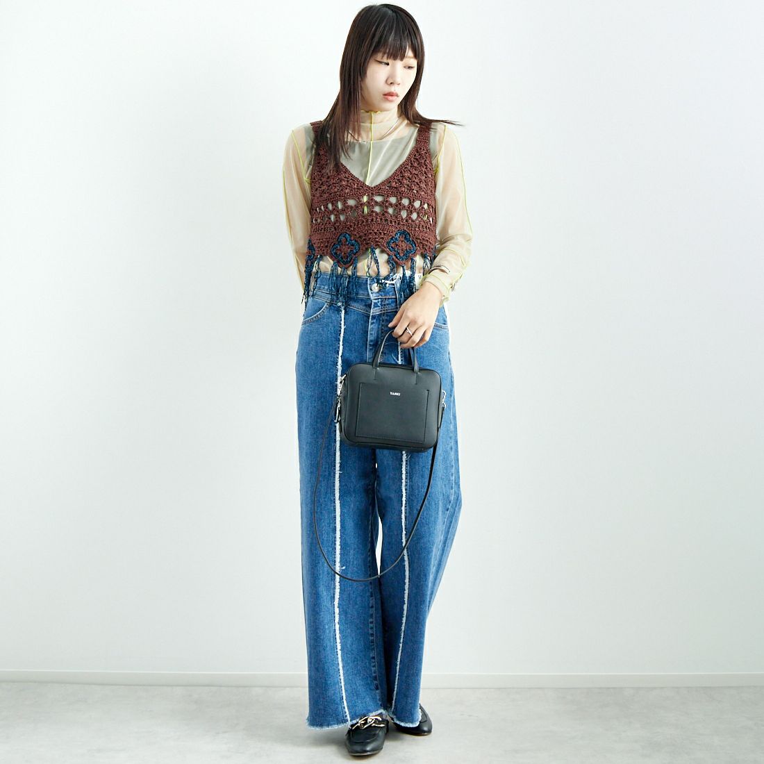 SOMETHING [サムシング] LISAフリンジワイドデニムパンツ [SEA581] 98 L.BLUE &&モデル身長：167cm 着用サイズ：M&&