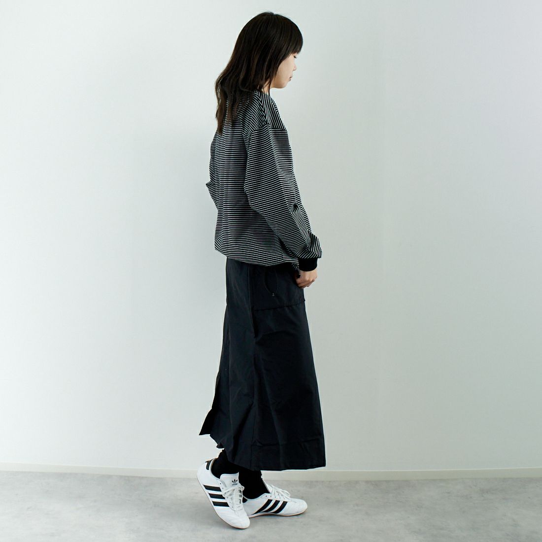 SLICK [スリック] MVS天竺 ロングスリーブドロストボーダーTシャツ [5155849] 700 BLK/WH &&モデル身長：167cm 着用サイズ：0&&