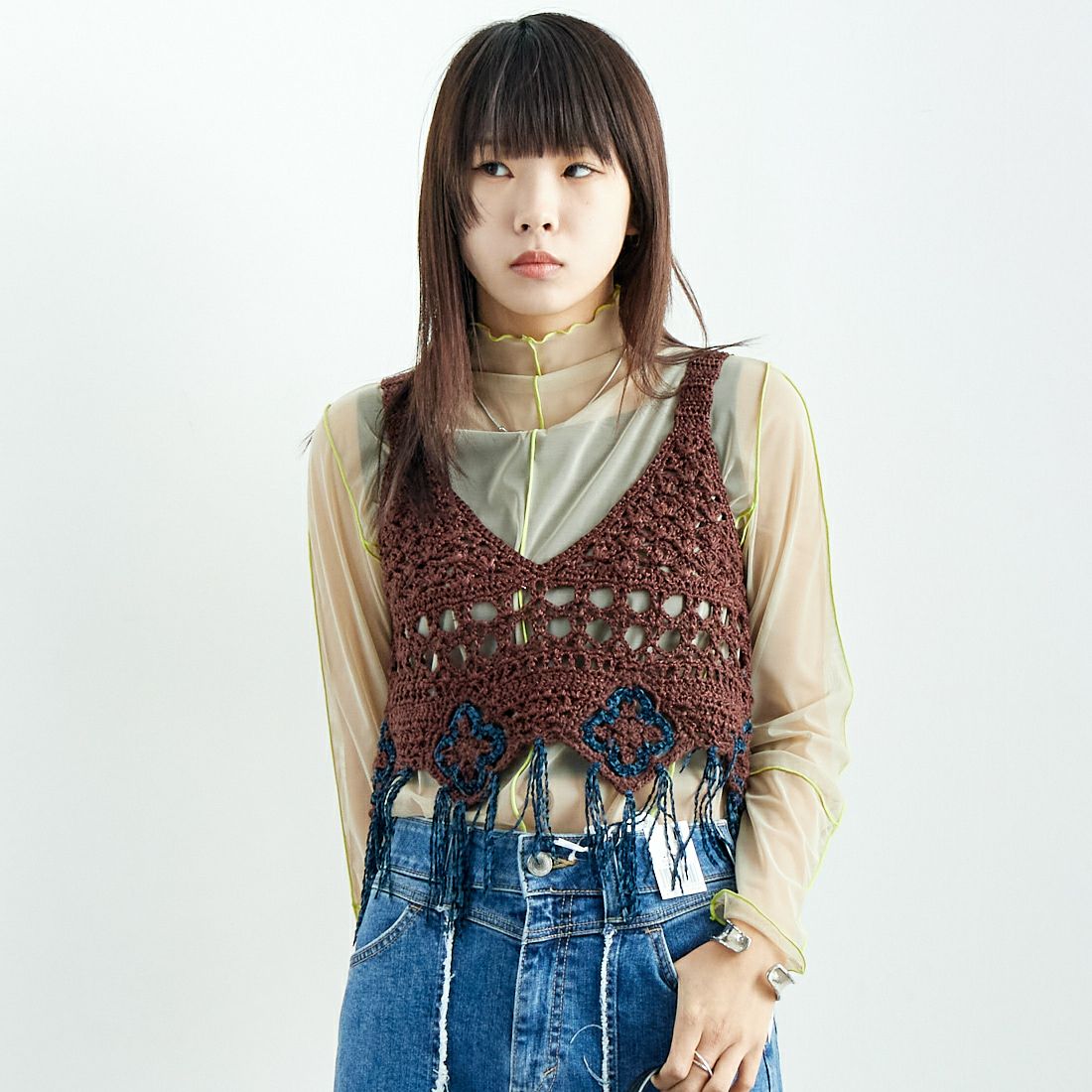 LOGAN Knitting Mills [ローガン ニッティング ミルズ] モールペーパービスチェ [LG-25SS05-B] BROWN &&モデル身長：167cm 着用サイズ：F&&