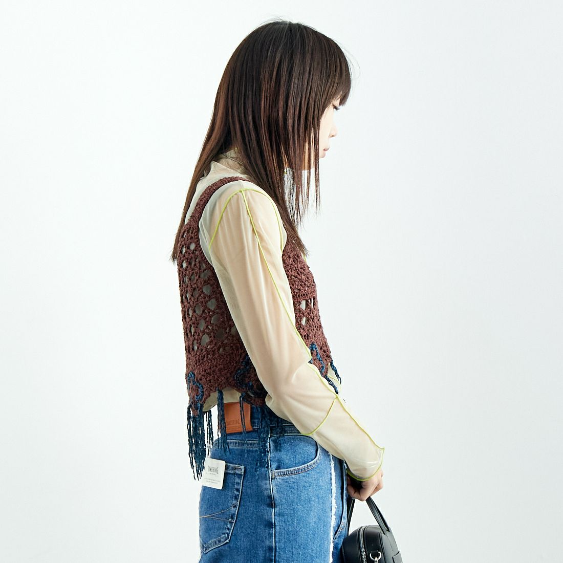 LOGAN Knitting Mills [ローガン ニッティング ミルズ] モールペーパービスチェ [LG-25SS05-B] BROWN &&モデル身長：167cm 着用サイズ：F&&