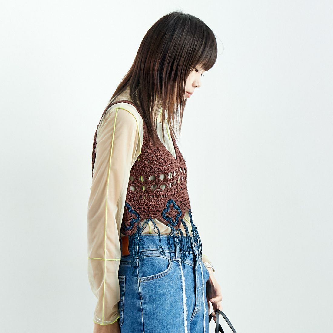 LOGAN Knitting Mills [ローガン ニッティング ミルズ] モールペーパービスチェ [LG-25SS05-B] BROWN &&モデル身長：167cm 着用サイズ：F&&