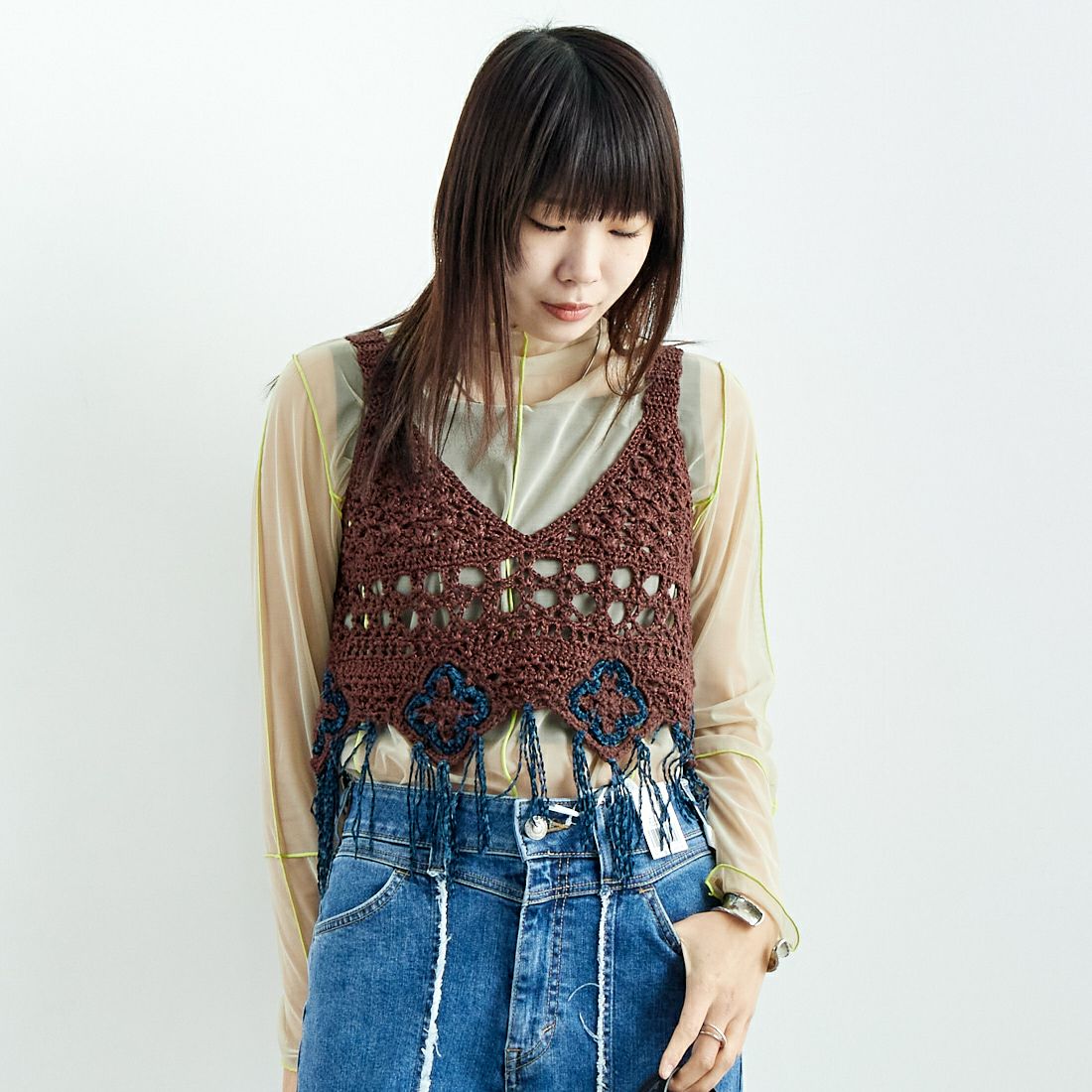 LOGAN Knitting Mills [ローガン ニッティング ミルズ] モールペーパービスチェ [LG-25SS05-B] BROWN &&モデル身長：167cm 着用サイズ：F&&