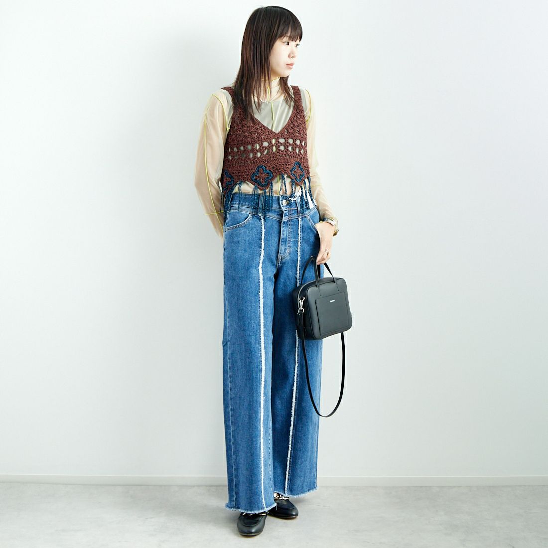 LOGAN Knitting Mills [ローガン ニッティング ミルズ] モールペーパービスチェ [LG-25SS05-B] BROWN &&モデル身長：167cm 着用サイズ：F&&