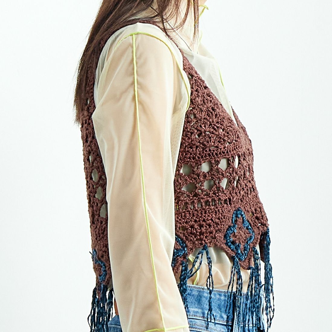 LOGAN Knitting Mills [ローガン ニッティング ミルズ] モールペーパービスチェ [LG-25SS05-B] BROWN &&モデル身長：167cm 着用サイズ：F&&