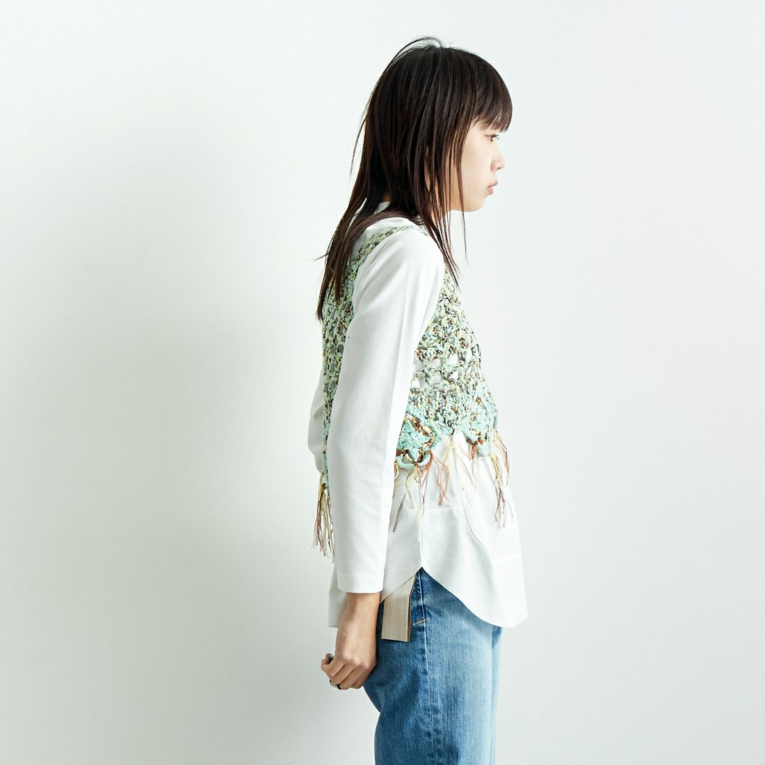 LOGAN Knitting Mills [ローガン ニッティング ミルズ] モールペーパービスチェ [LG-25SS04] GREEN MIX &&モデル身長：167cm 着用サイズ：F&&