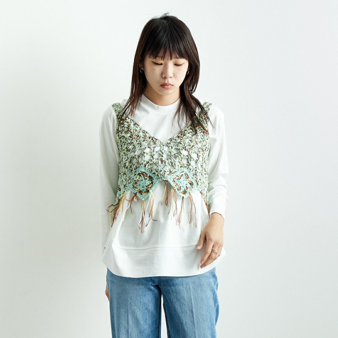LOGAN Knitting Mills [ローガン ニッティング ミルズ] モールペーパービスチェ [LG-25SS04] GREEN MIX &&モデル身長：167cm 着用サイズ：F&&