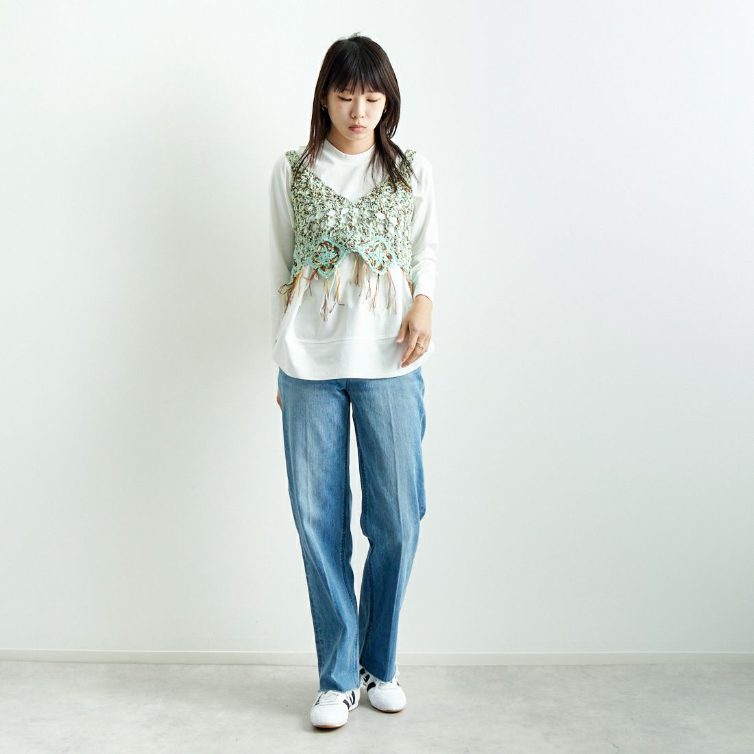 LOGAN Knitting Mills [ローガン ニッティング ミルズ] モールペーパービスチェ [LG-25SS04] GREEN MIX &&モデル身長：167cm 着用サイズ：F&&
