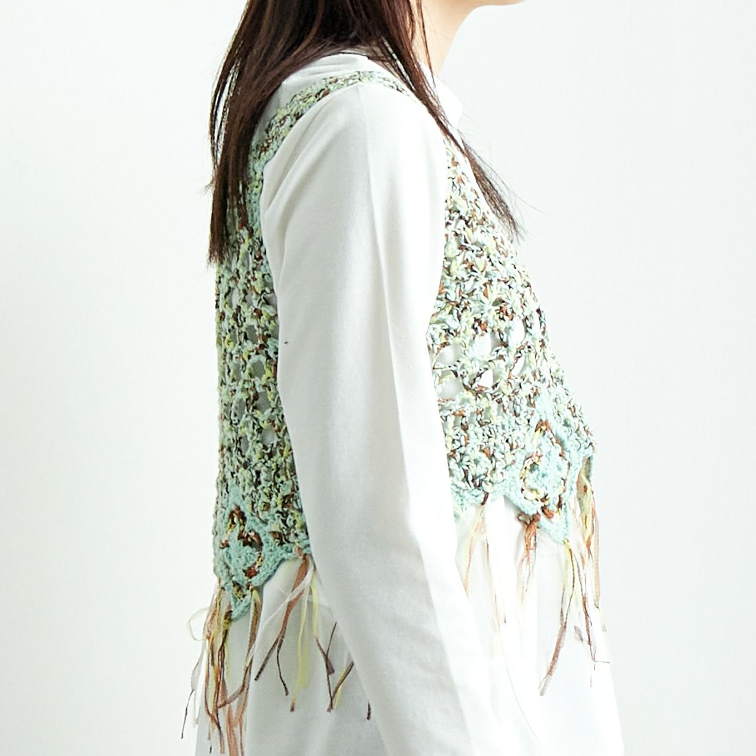 LOGAN Knitting Mills [ローガン ニッティング ミルズ] モールペーパービスチェ [LG-25SS04] GREEN MIX &&モデル身長：167cm 着用サイズ：F&&