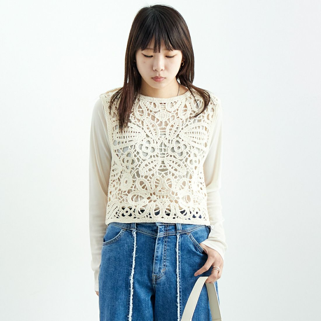 CLOCHE [クロシェ] 2WAYレース編みニットベスト [51285501] ｱｲﾎﾞﾘｰ &&モデル身長：167cm 着用サイズ：2&&