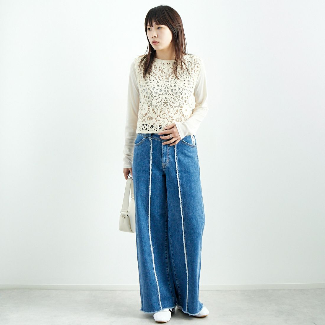 CLOCHE [クロシェ] 2WAYレース編みニットベスト [51285501] ｱｲﾎﾞﾘｰ &&モデル身長：167cm 着用サイズ：2&&