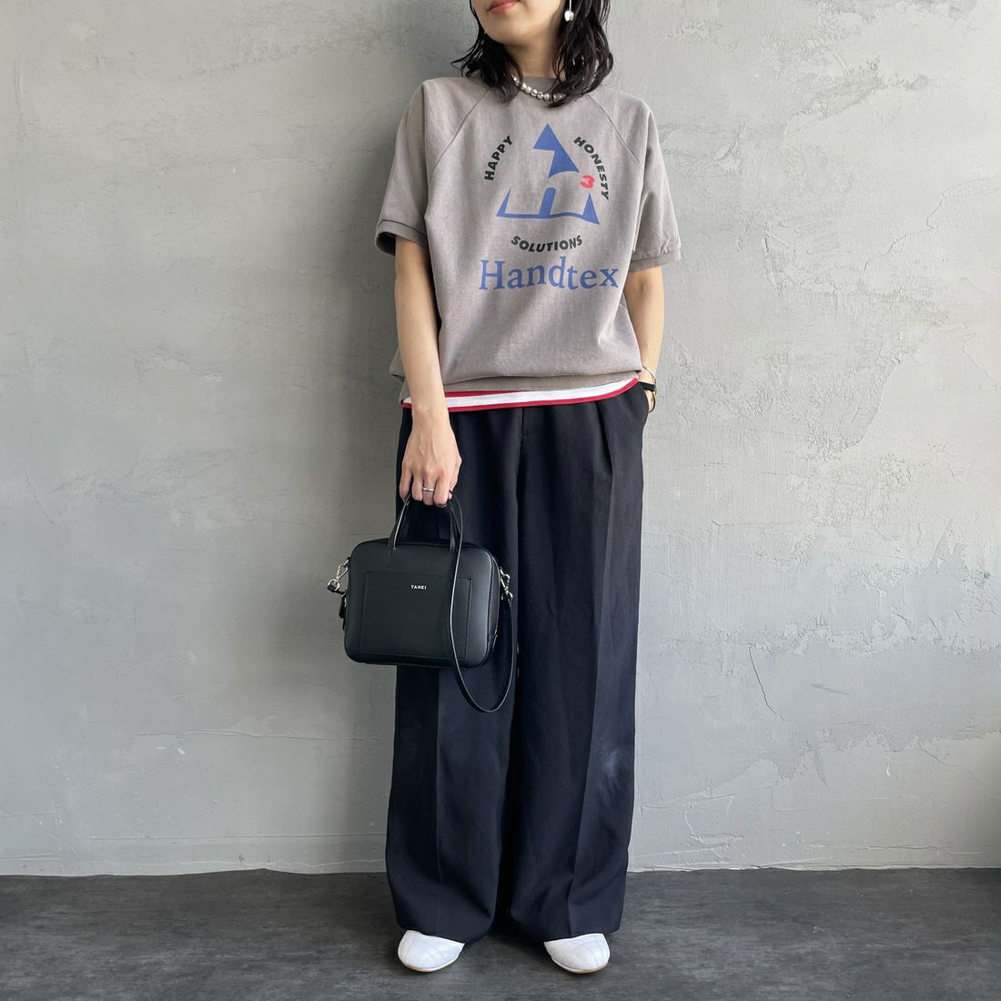 HANDTEX [ハンドテックス] 別注 ロゴプリント ラグランスリーブスウェット [HT7-CST-IN5-JF] ｸﾞﾚｰ &&モデル身長：160cm 着用サイズ：F&&