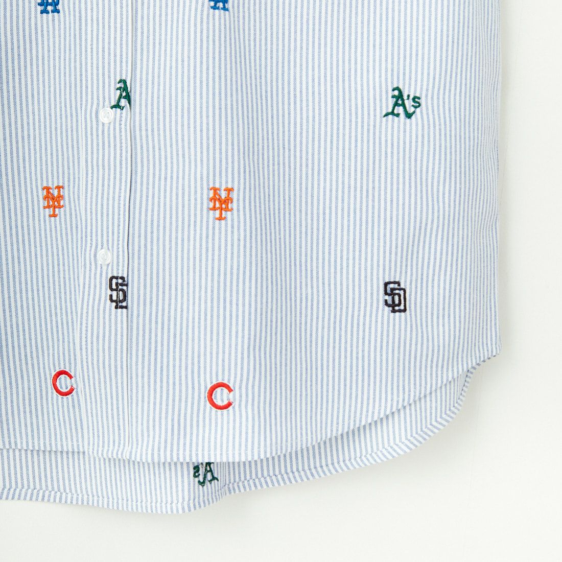 Fanatics [ファナティクス] 別注 MLB ランダムロゴ刺繍 ストライプ柄ボタンダウンショートスリーブシャツ [ML2124FW0002-JF] NAVY STRIP