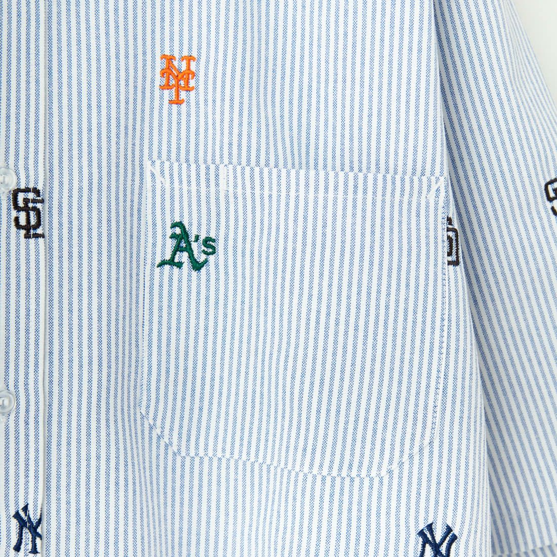 Fanatics [ファナティクス] 別注 MLB ランダムロゴ刺繍 ストライプ柄ボタンダウンショートスリーブシャツ [ML2124FW0002-JF] NAVY STRIP
