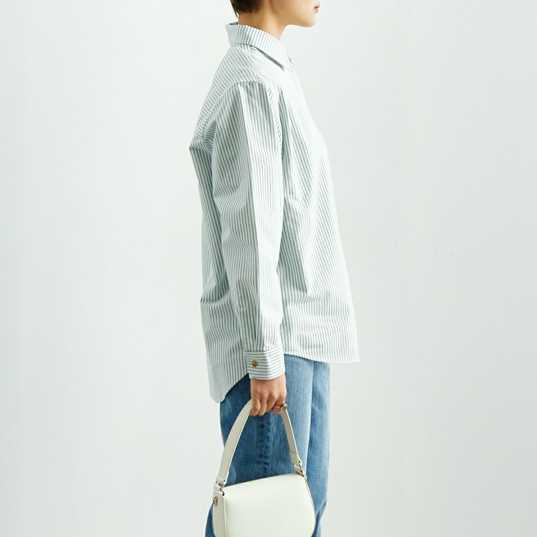 MEYAME [メヤメ] ストライプシャツ [MEY-2018] WHT/GRN &&モデル身長：160cm 着用サイズ：F&&