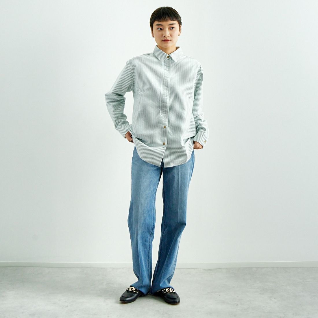 MEYAME [メヤメ] ストライプシャツ [MEY-2018] WHT/GRN &&モデル身長：160cm 着用サイズ：F&&