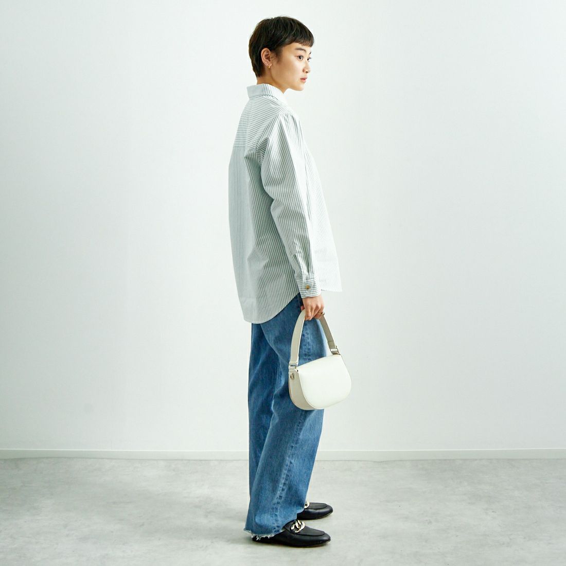 MEYAME [メヤメ] ストライプシャツ [MEY-2018] WHT/GRN &&モデル身長：160cm 着用サイズ：F&&