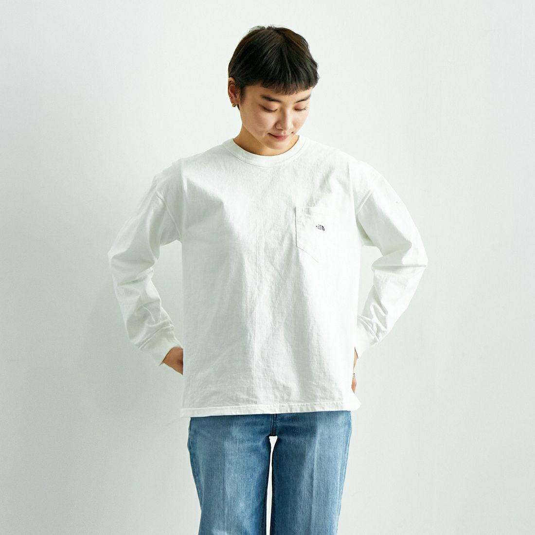 THE NORTH FACE PURPLE LABEL [ザ ノースフェイス パープルレーベル] 7oz ロングスリーブTシャツ [N25SI101] OP OW/PP &&モデル身長：160cm 着用サイズ：WM&&