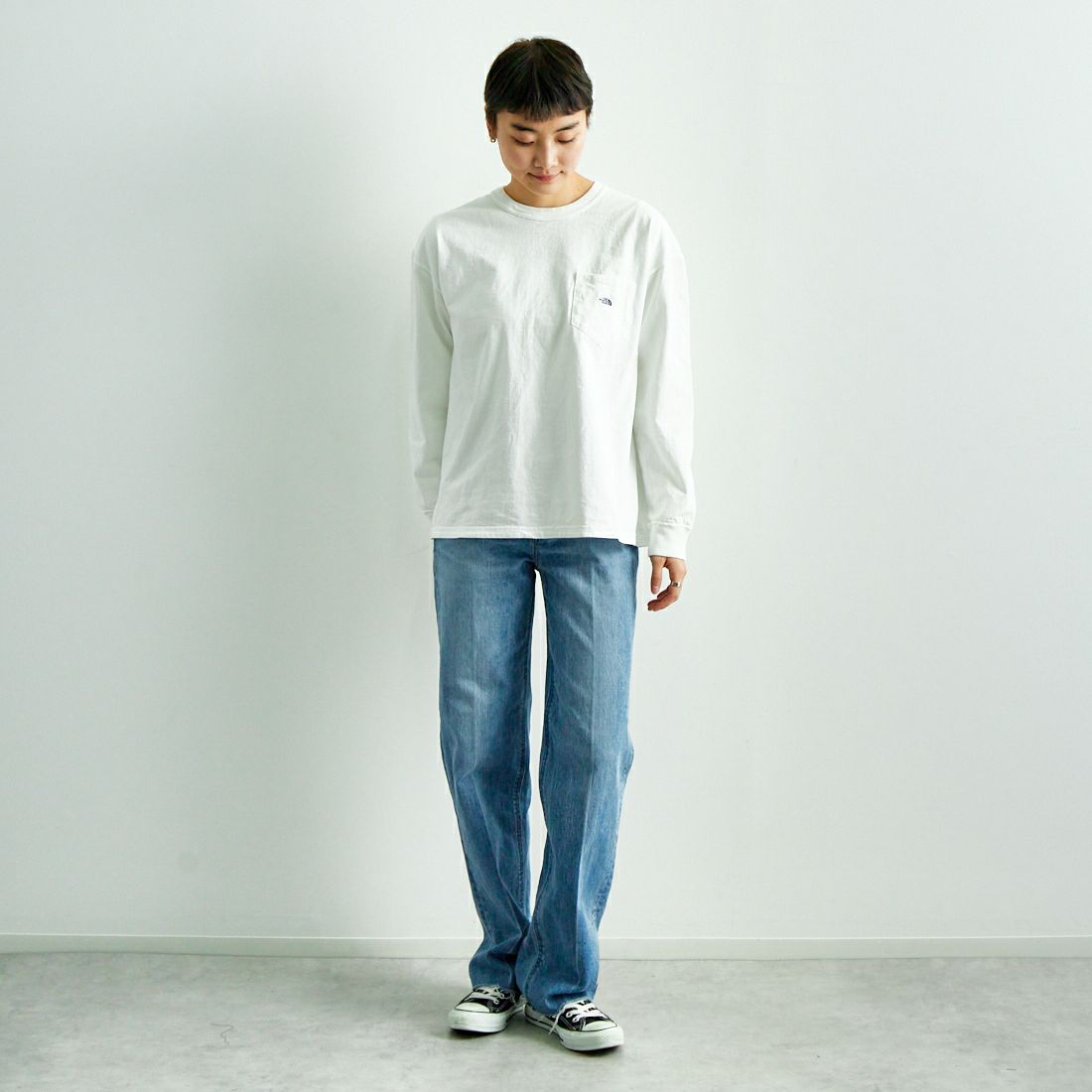 THE NORTH FACE PURPLE LABEL [ザ ノースフェイス パープルレーベル] 7oz ロングスリーブTシャツ [N25SI101] OP OW/PP &&モデル身長：160cm 着用サイズ：WM&&