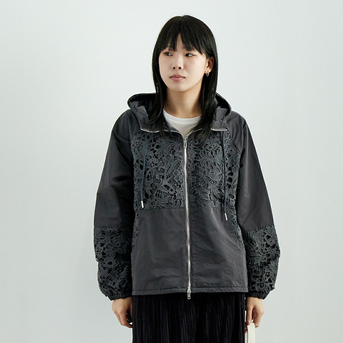 Jeans Factory Clothes [ジーンズファクトリークローズ] レースコンビパーカー [151201] 08 ﾁｬｺｰﾙ &&モデル身長：167cm 着用サイズ：F&&
