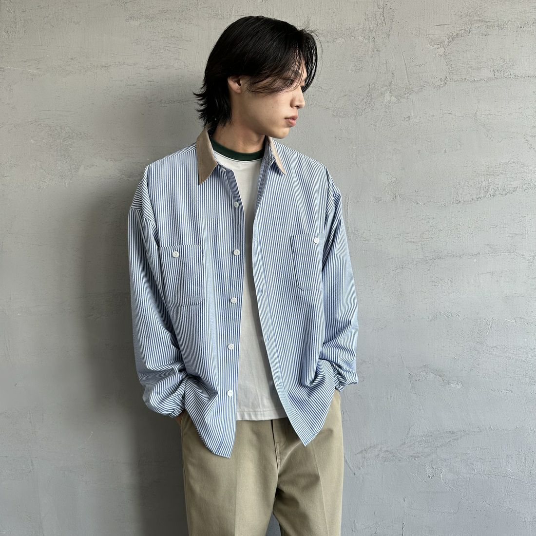 UNIVERSAL OVERALL [ユニバーサルオーバーオール] 別注 ビッグシルエットパジャマシャツ [U2511100IN-JF] BLU SUCKER &&モデル身長：179cm 着用サイズ：L&&