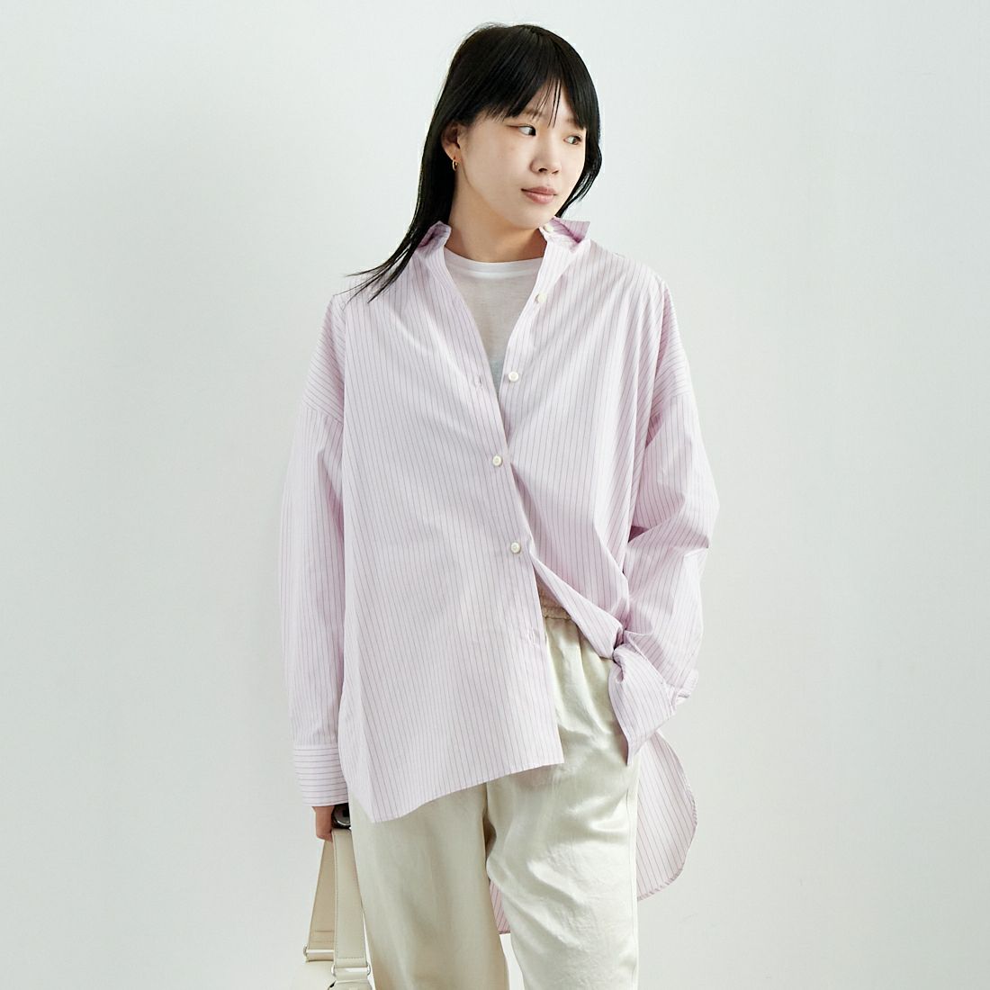 MICA&DEAL [マイカアンドディール] ストライプオーバーシャツ [0125101020] PINK &&モデル身長：167cm 着用サイズ：F&&